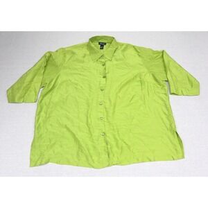 Karen Arnold Womens 3X 100% Silk Blouse Chartreuse Green Button Up Side Slits